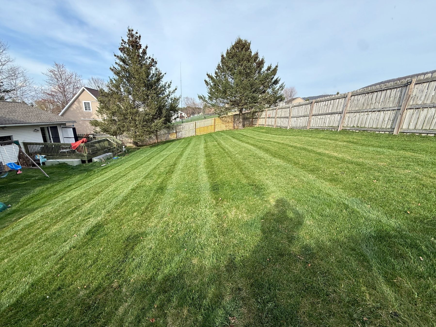 Freshly striped backyard lawn by MB Landscaping